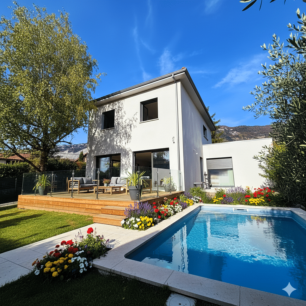 jardin avec terrasse et piscine