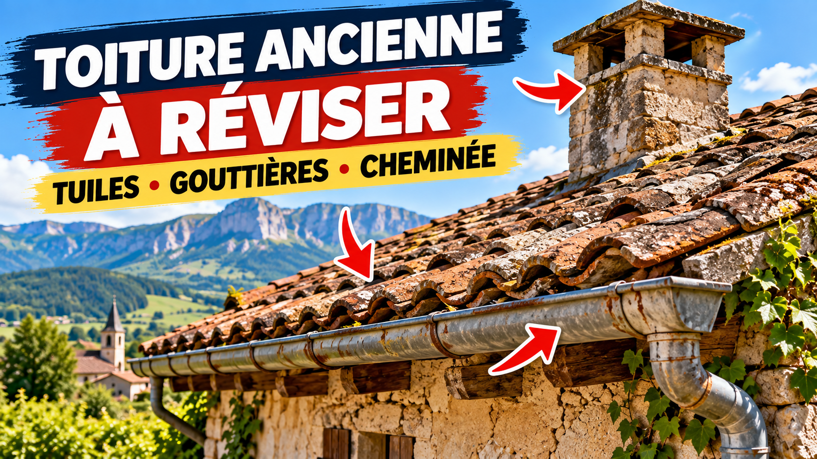 Toiture ancienne à réviser avant l’achat Toiture ancienne à réviser avec tuiles, gouttières et cheminée à contrôler
